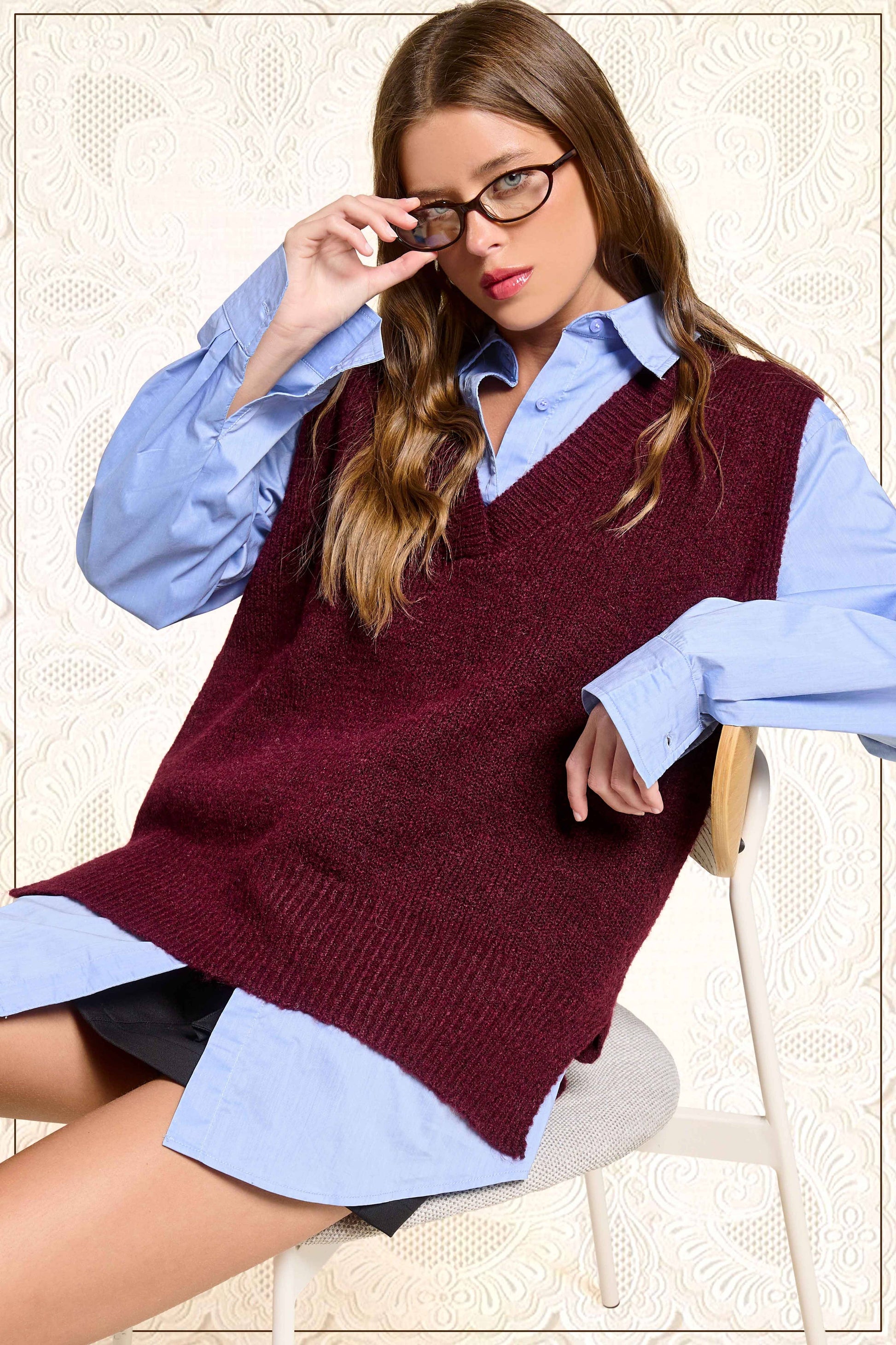 Oversized Soft Knit Sweater Vest with Side Slit - Whimsical Details - ["black sweater","sweater","Sweater Vest","v neck","vest"]