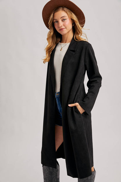 FAUX SUEDE LONGLINE OPEN FRONT COAT