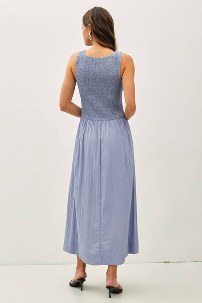 SMOCKED BODICE BOATNECK TANK MIDI DRESS