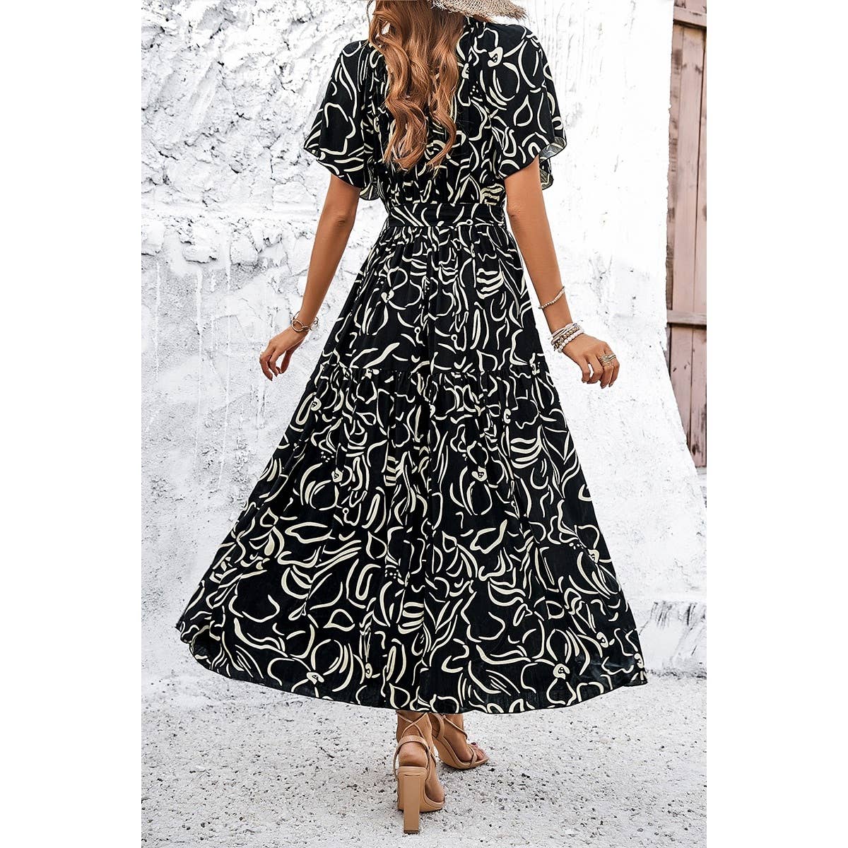 Allover Print V Neck, Tied, A Line Long Dress - Whimsical Details