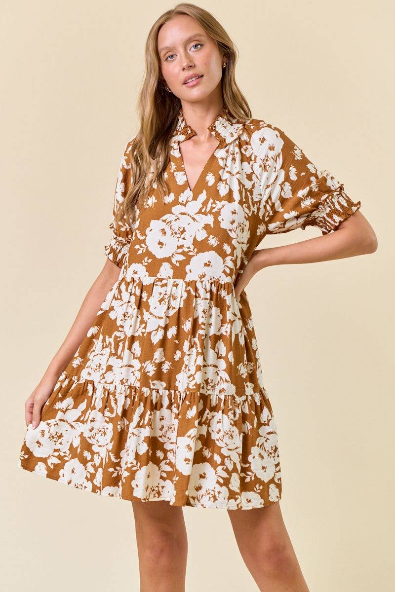 Floral Print Split V-Neck Puff Short Sleeve Dress