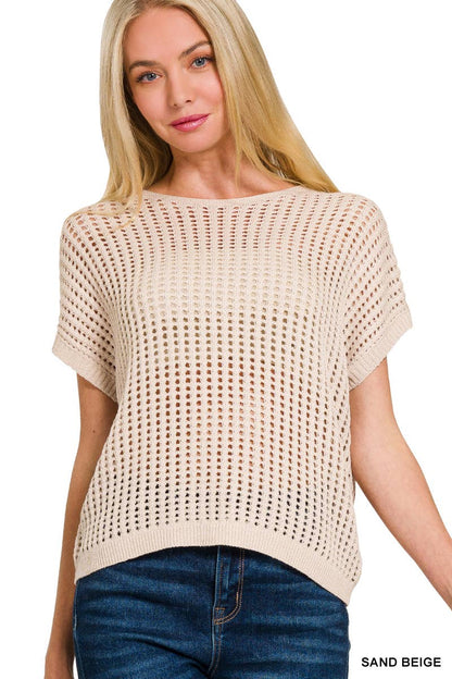 Viscose Crochet Knit Sheer Hollow Sweater - Whimsical Details - ["Brown sweater","cream sweater","crochet","knit","knit sweater","knitted","Light Sweater","short sleeve sweater","sweater","Sweater Vest"]