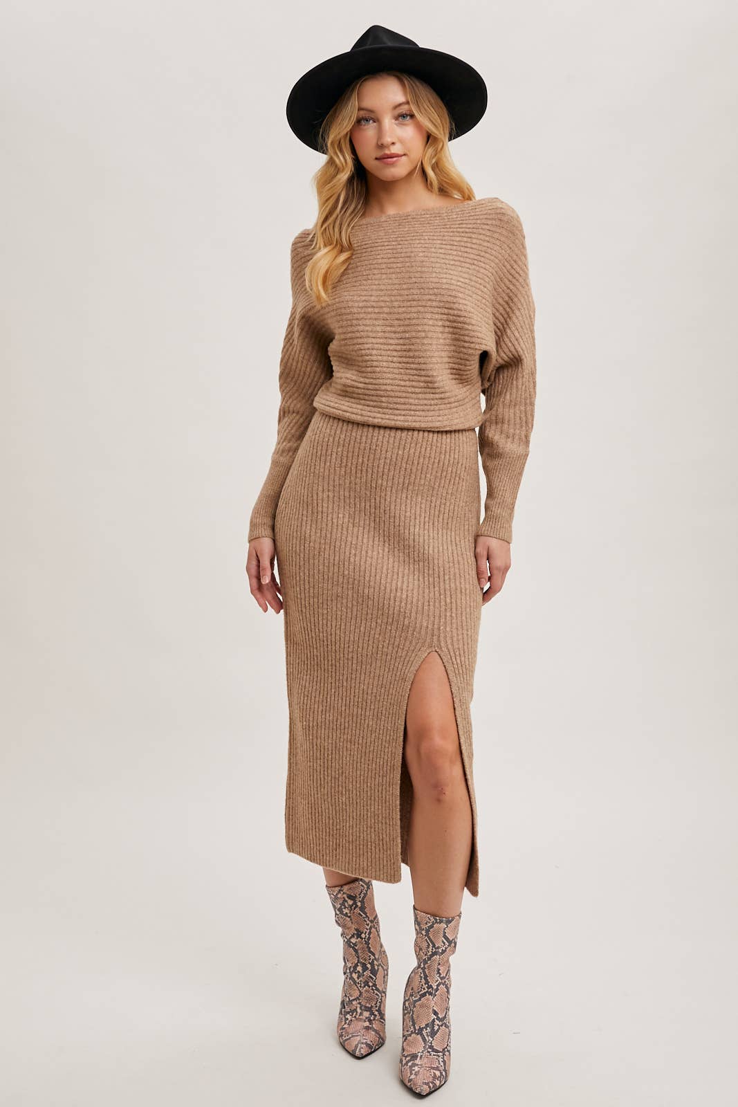 One Shoulder Off Side Slit Midi Knit Sweater Dress