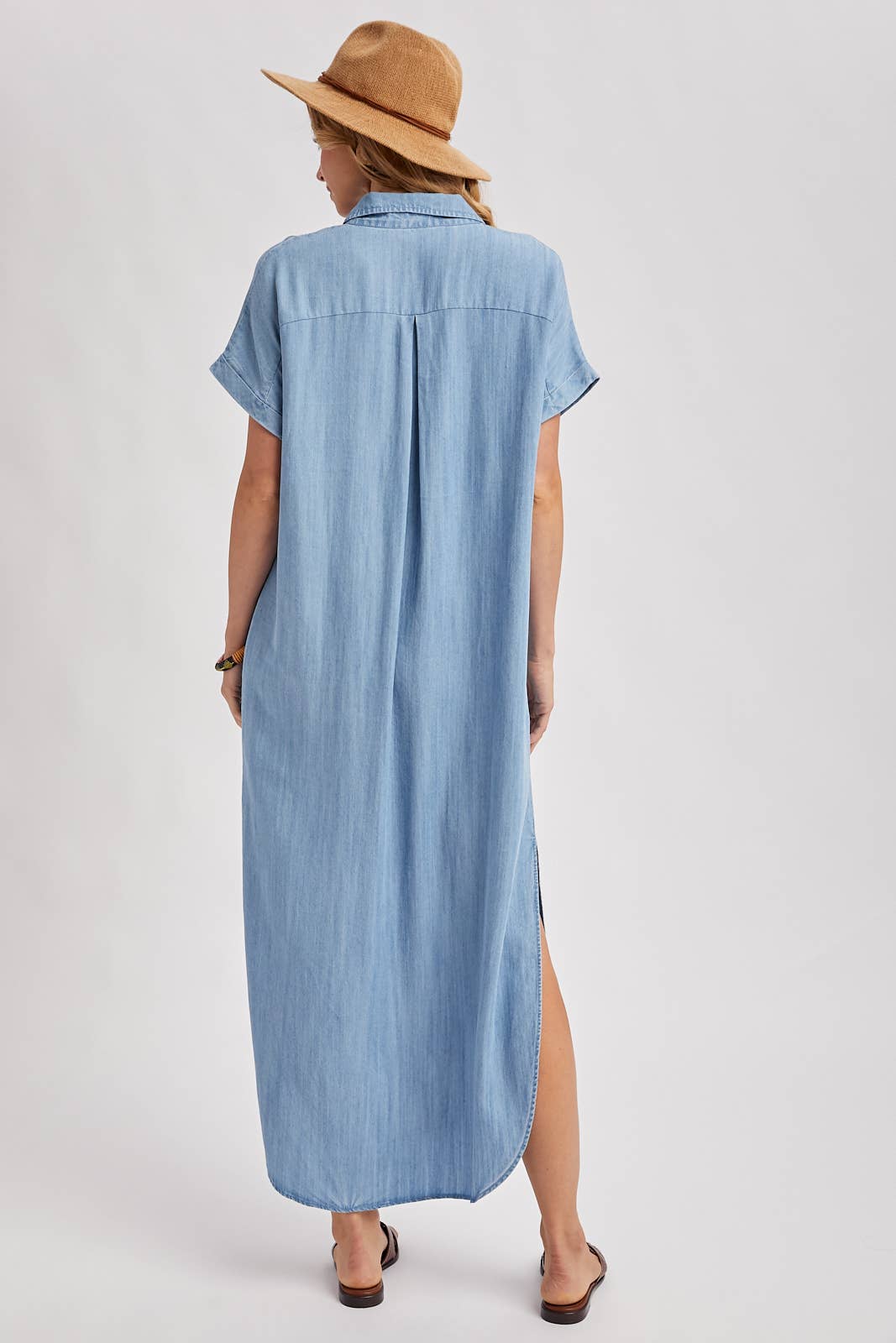 Denim Button Down Side Slit Shirt Maxi Dress