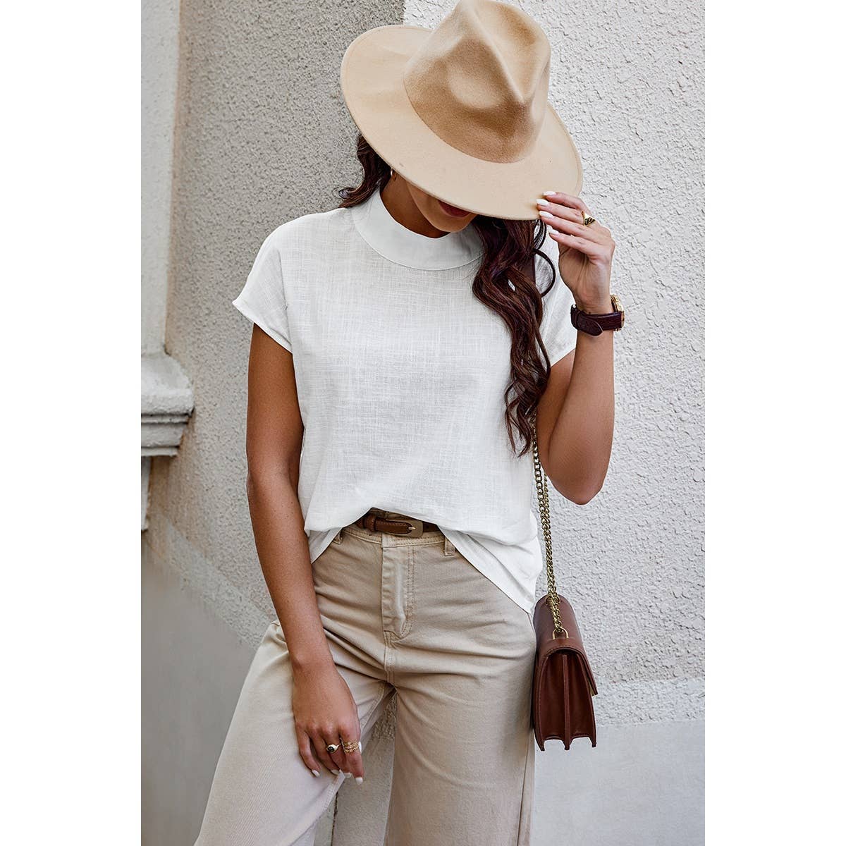 Mock Neck Solid Short Sleeve Blouse