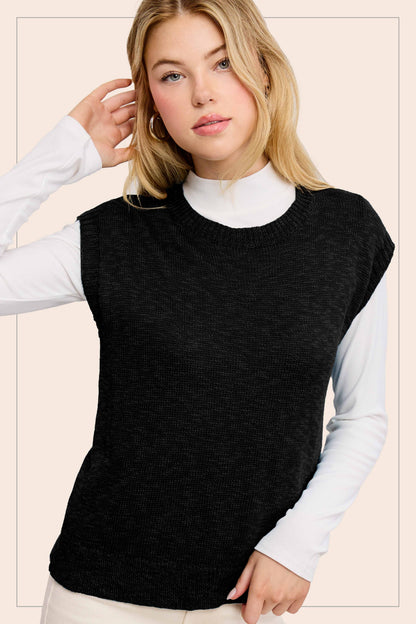 Loose Fit Sleeveless Ribbed Knit Crew Neck Top - Whimsical Details - ["Milk","sweater Tank","tank","tank top"]