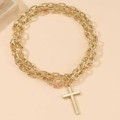 HOPE PUFFY CROSS CHUNKY CHAIN STATEMENT TOGGLE NECKLACE