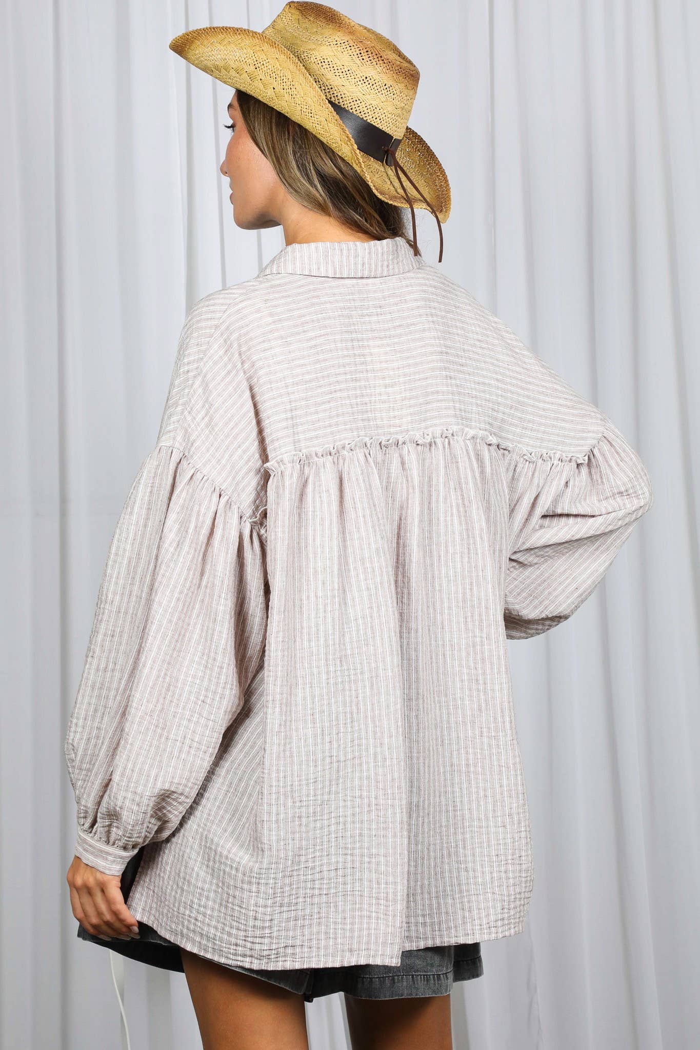 Stripe Print Long Balloon Sleeve Oversized Shirt - Whimsical Details - ["shirt","Spring","striped","stripes","top","tops"]