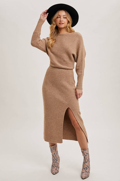 One Shoulder Off Side Slit Midi Knit Sweater Dress