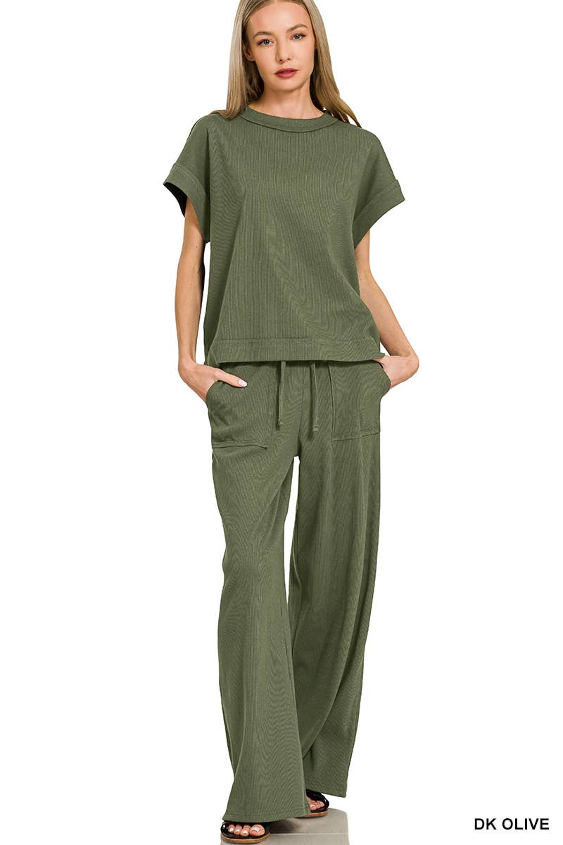 Ribbed Short Sleeve Tee N Pants - Whimsical Details - ["ash Mocha","lounge","lounge wear","set","sweat set","trendy"]
