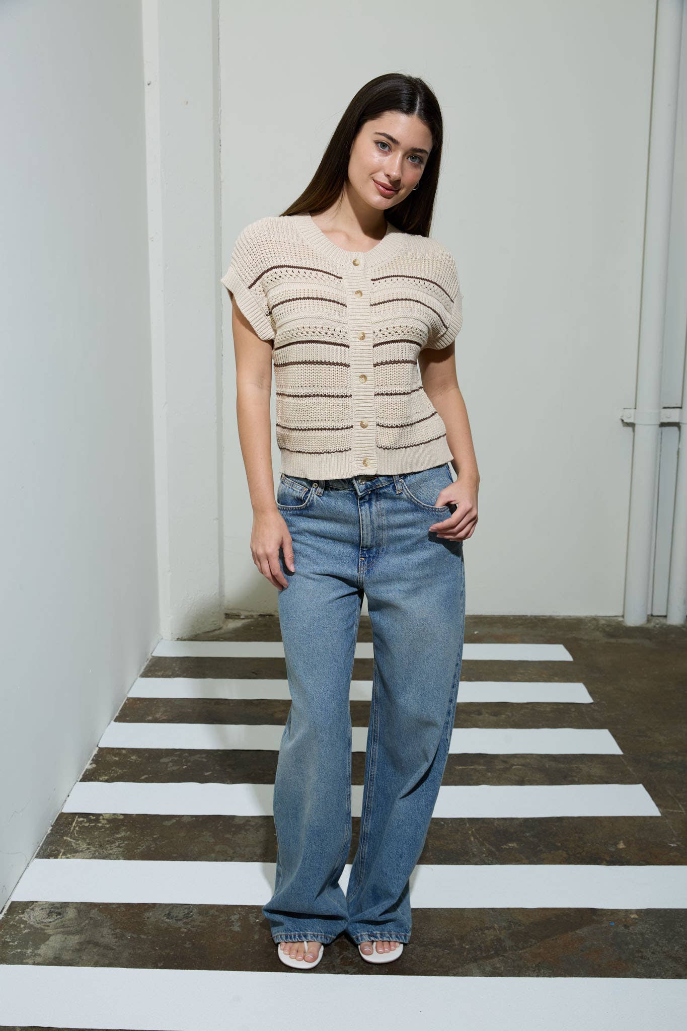 Multi-Stripe Short Sleeve Button Down Cardigan