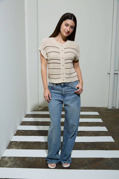 Multi-Stripe Short Sleeve Button Down Cardigan