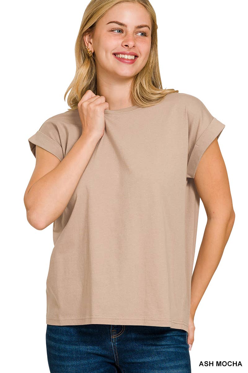 Round Neck Folded Short Sleeve T-shirt
