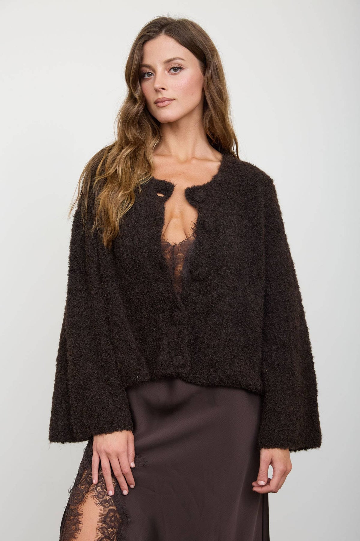 Fuzzy Knit Button Down Boxy Cardigan