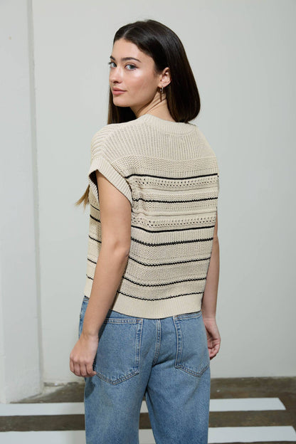 Multi-Stripe Short Sleeve Button Down Cardigan