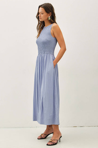 SMOCKED BODICE BOATNECK TANK MIDI DRESS