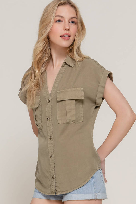 Dolman Short Sleeve Button Down Tencel Shirt