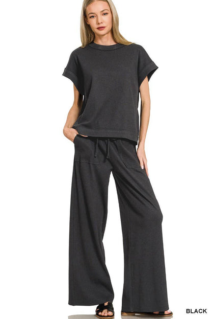 Ribbed Short Sleeve Tee N Pants - Whimsical Details - ["ash Mocha","lounge","lounge wear","set","sweat set","trendy"]