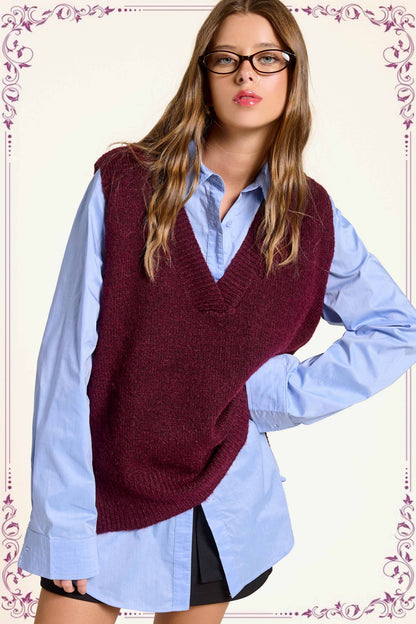 Oversized Soft Knit Sweater Vest with Side Slit - Whimsical Details - ["black sweater","sweater","Sweater Vest","v neck","vest"]