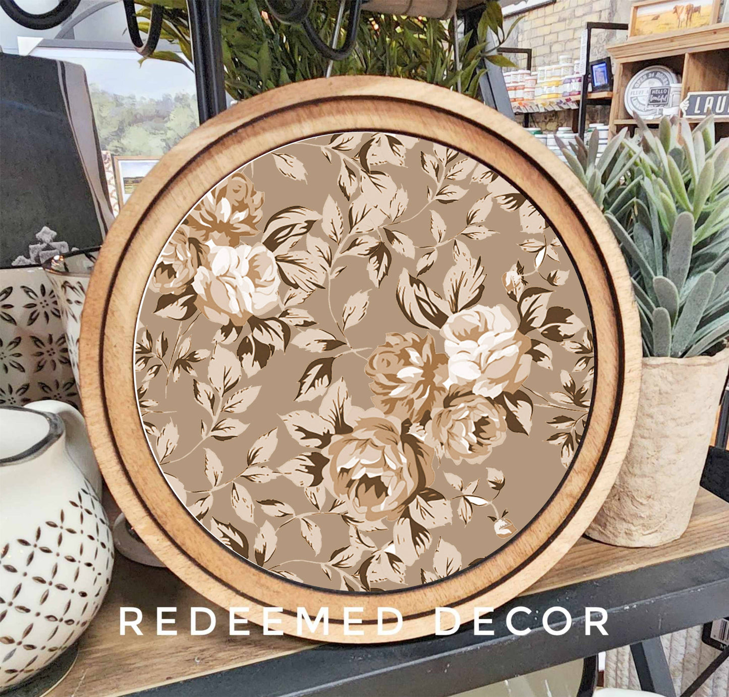 8" Round Taupe Rose Pattern Art
