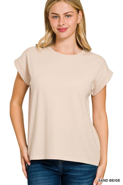 Round Neck Folded Short Sleeve T-shirt