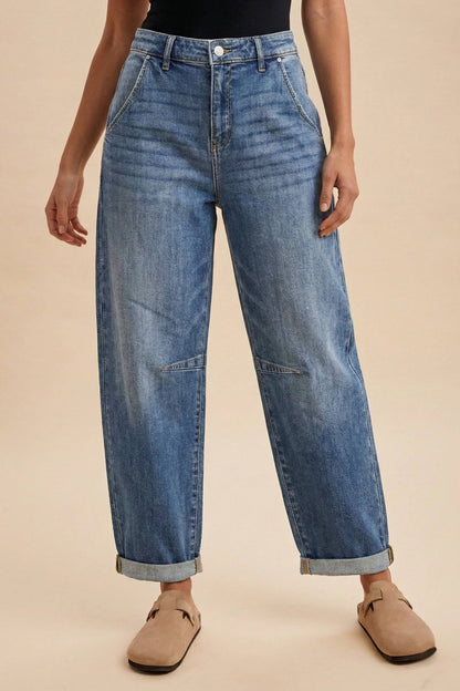 Stretch Denim Loose Fit Roll Up Barrel-leg Jean