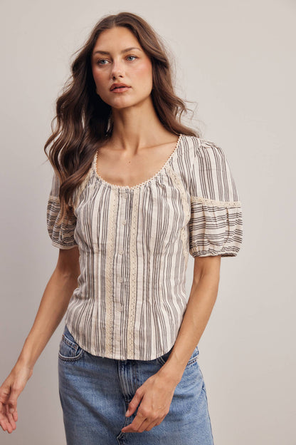 Striped Lace-Trim Puff Sleeve Blouse