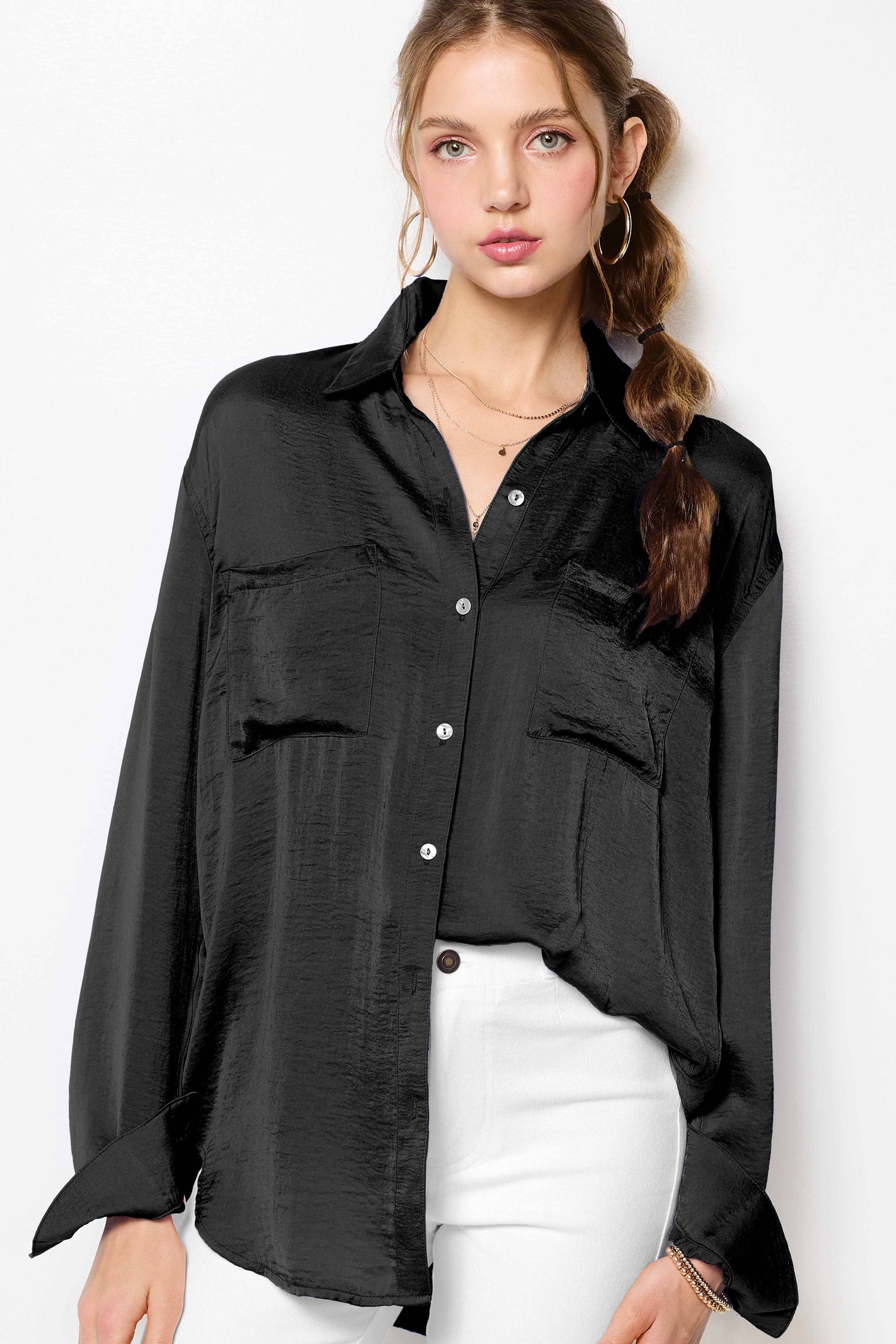 Silky and Flowy Button Down Long Sleeve Shirts - Whimsical Details - ["Blouse","button up","flowy","Long sleeve","Red Clearance","shirt","silky"]