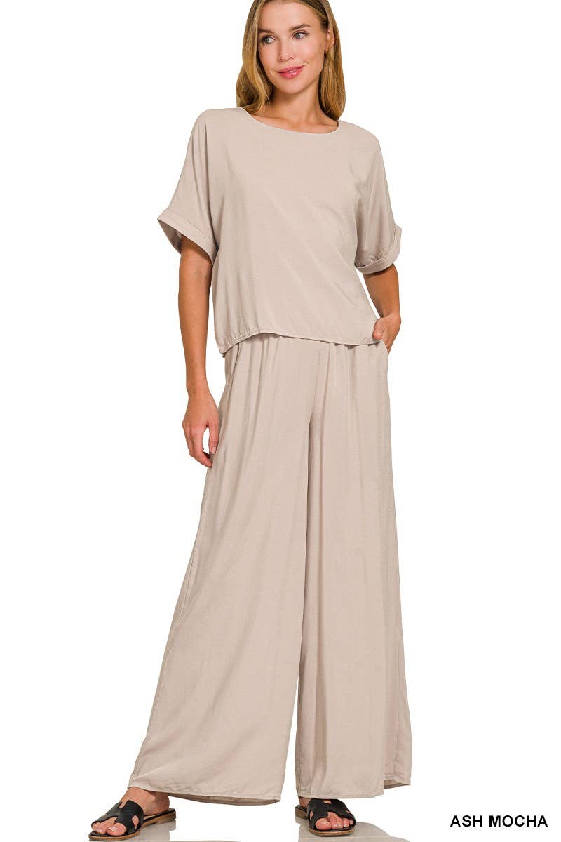 Woven Short Sleeve Long Pants Set