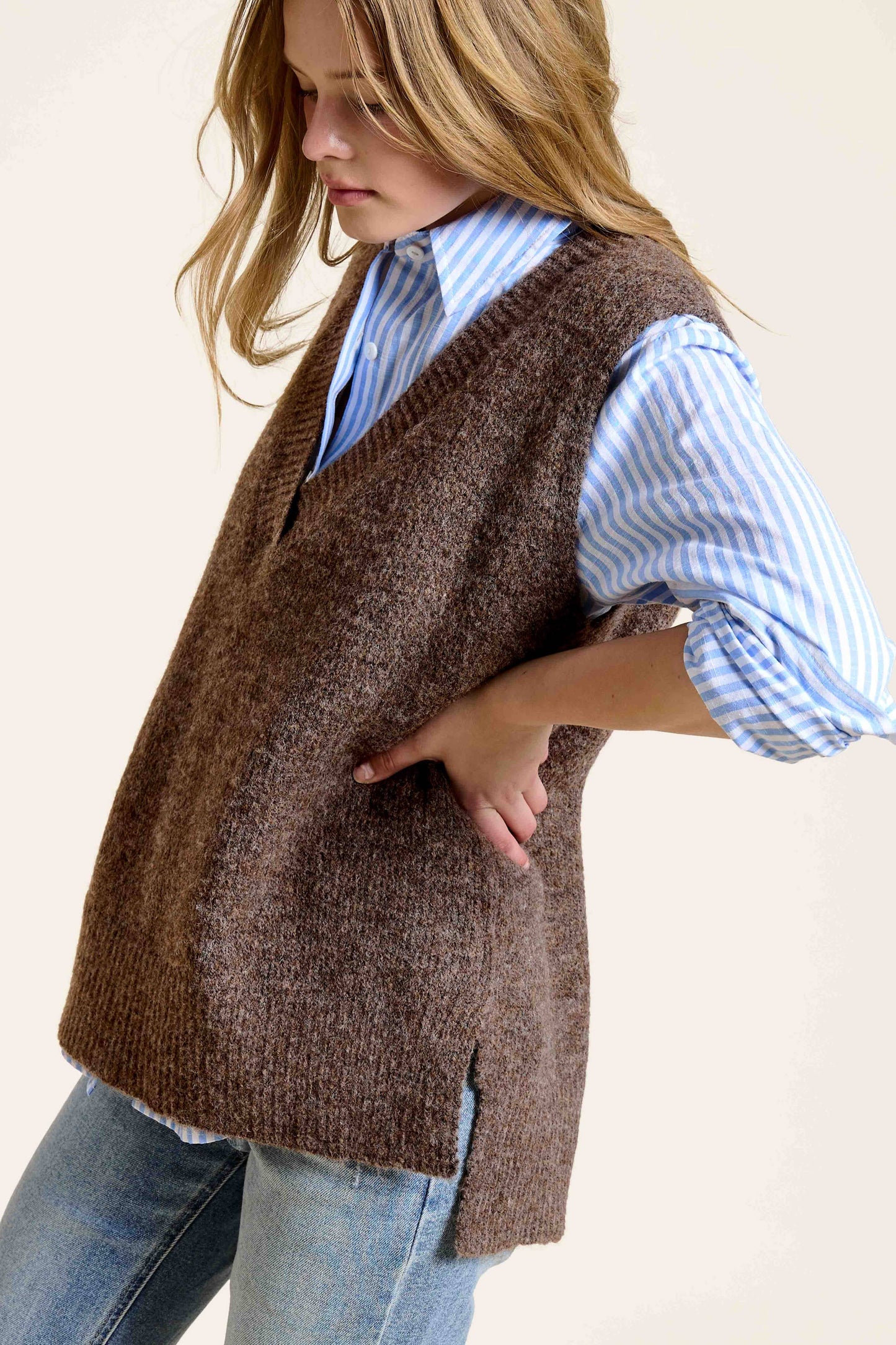 Oversized Soft Knit Sweater Vest with Side Slit - Whimsical Details - ["black sweater","sweater","Sweater Vest","v neck","vest"]