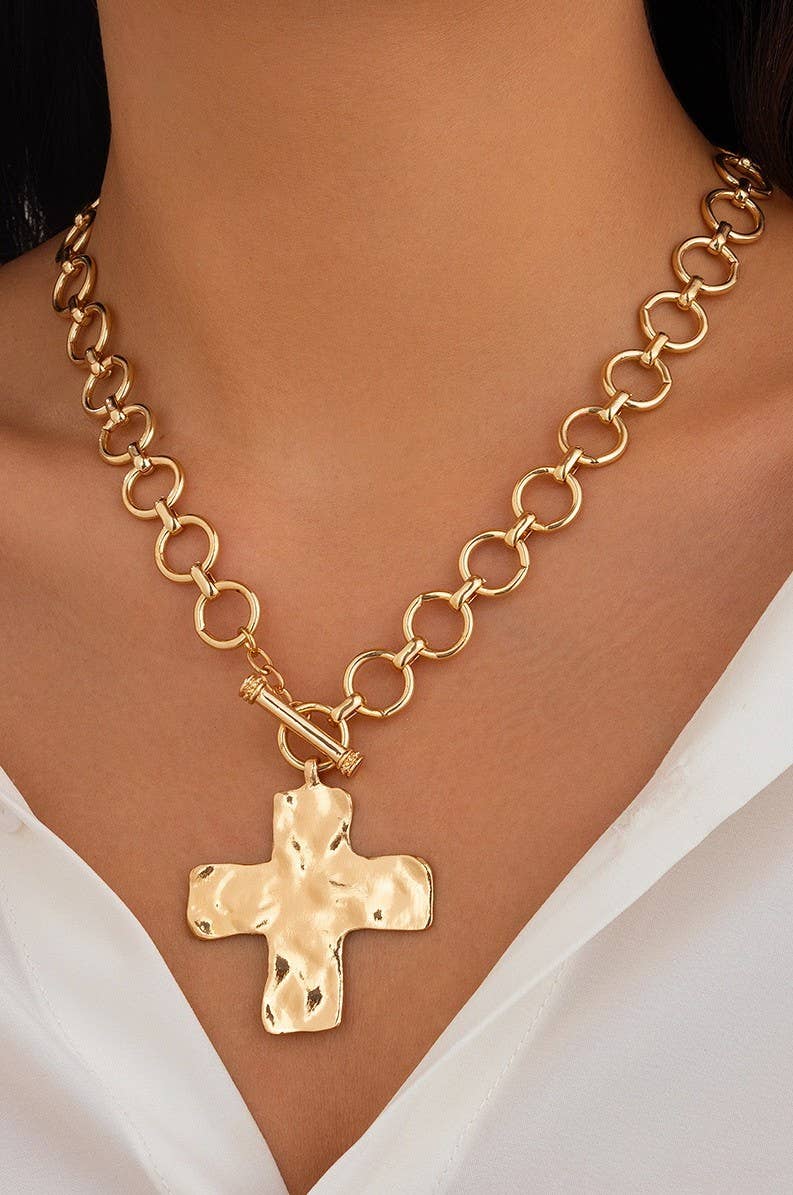 Kara Hammered Cross Front Toggle Necklace