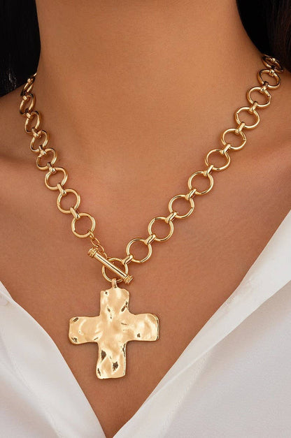 Kara Hammered Cross Front Toggle Necklace