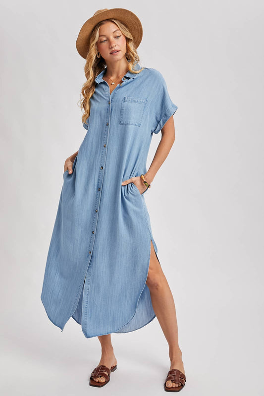Denim Button Down Side Slit Shirt Maxi Dress