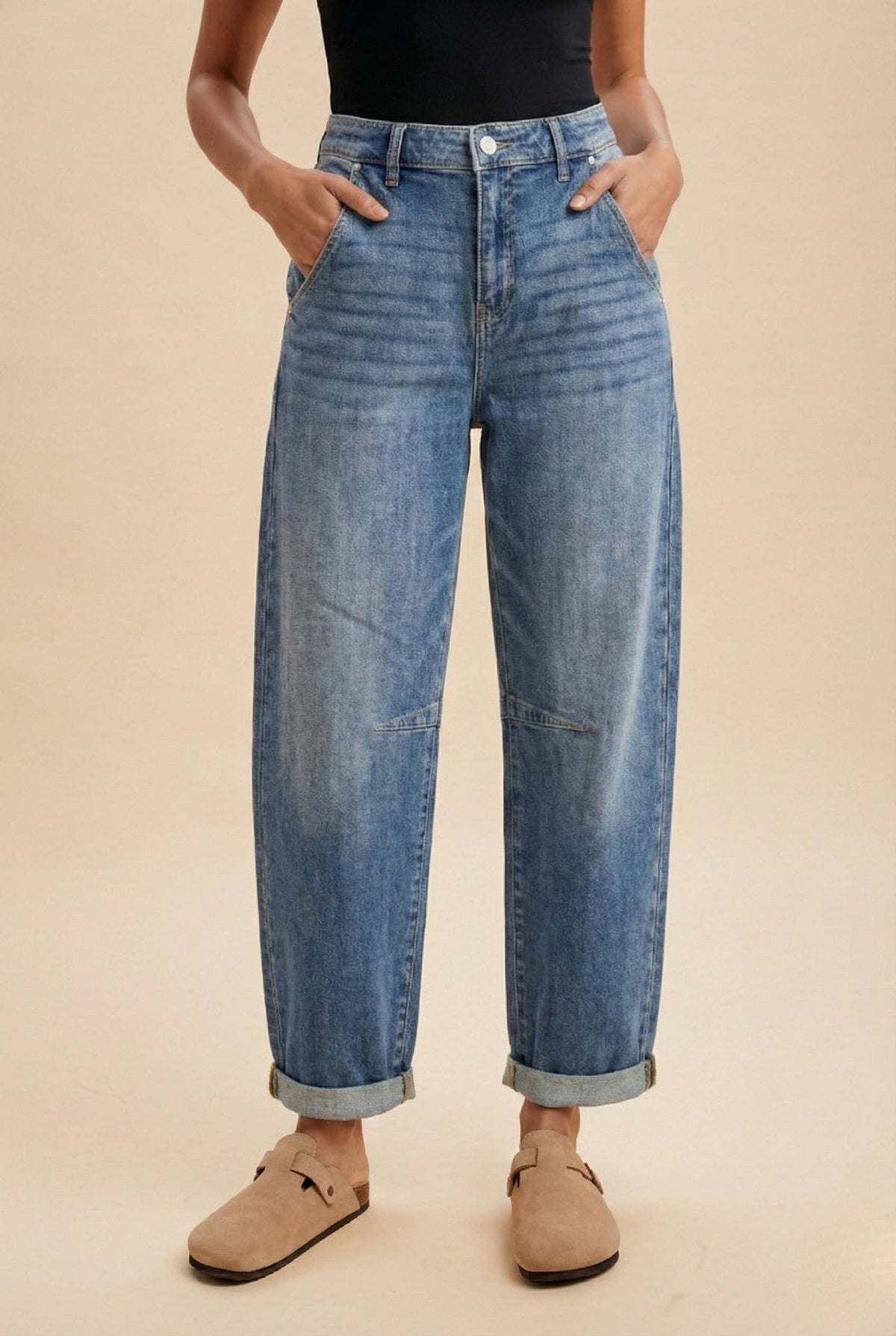 Stretch Denim Loose Fit Roll Up Barrel-leg Jean