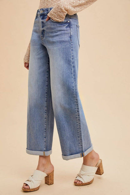 Stretch High Rise Wide Leg Roll-up Jean