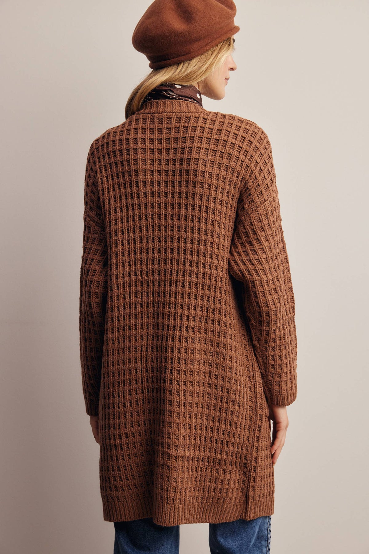 Waffle Knit Open Front Long Cardigan
