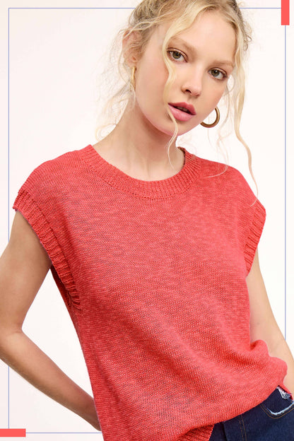 Loose Fit Sleeveless Ribbed Knit Crew Neck Top - Whimsical Details - ["Milk","sweater Tank","tank","tank top"]