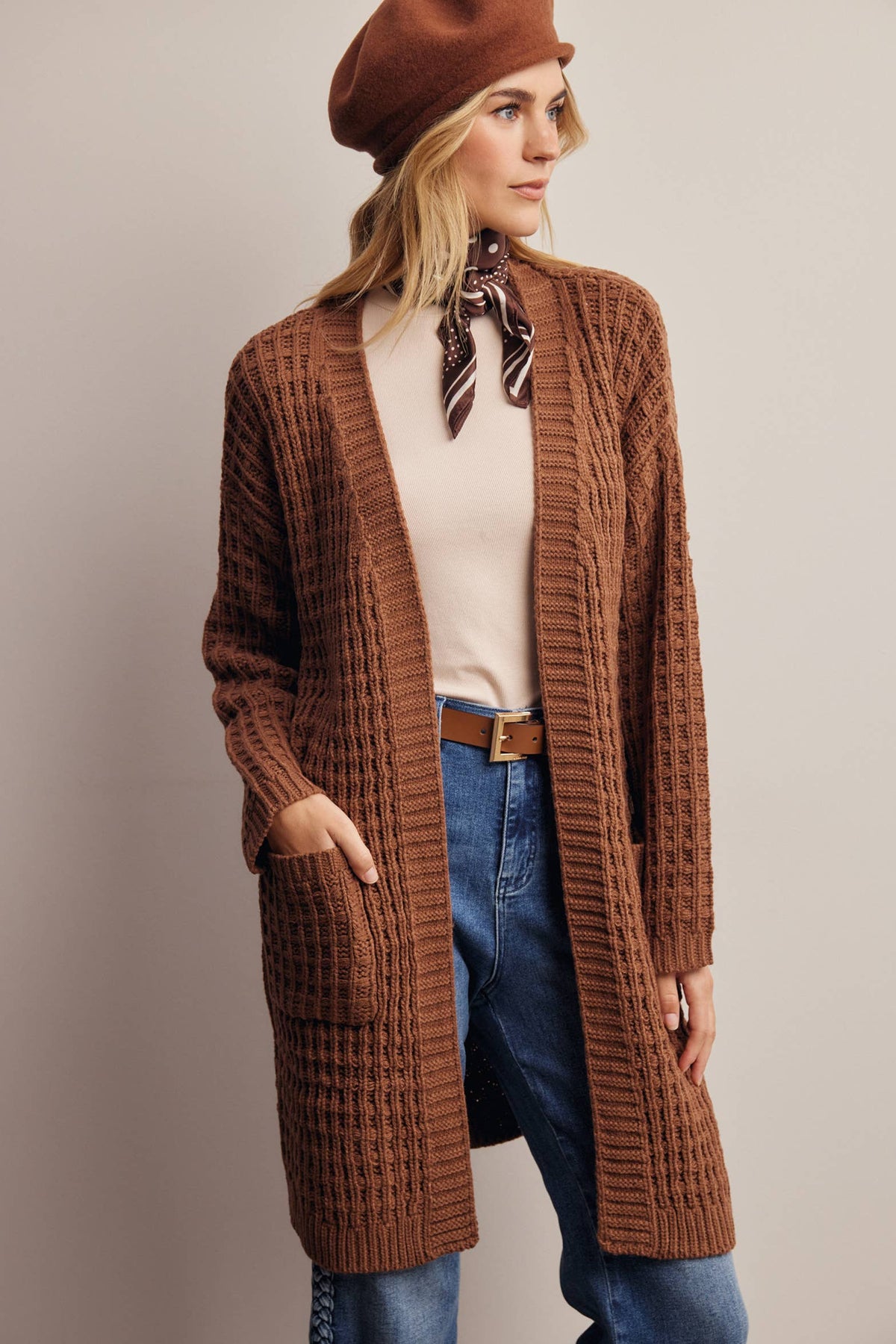 Waffle Knit Open Front Long Cardigan