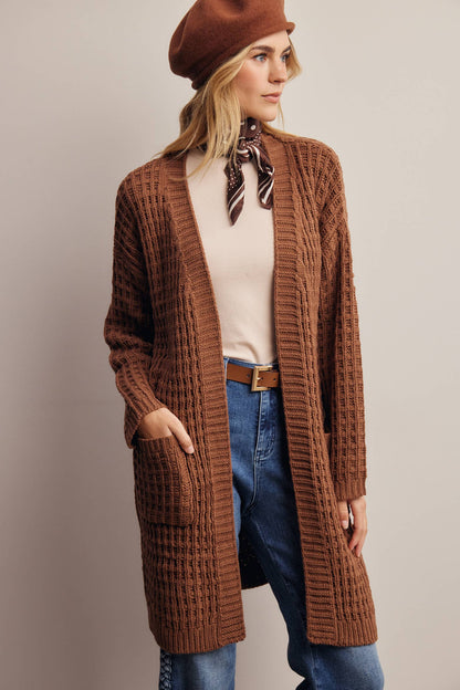 Waffle Knit Open Front Long Cardigan