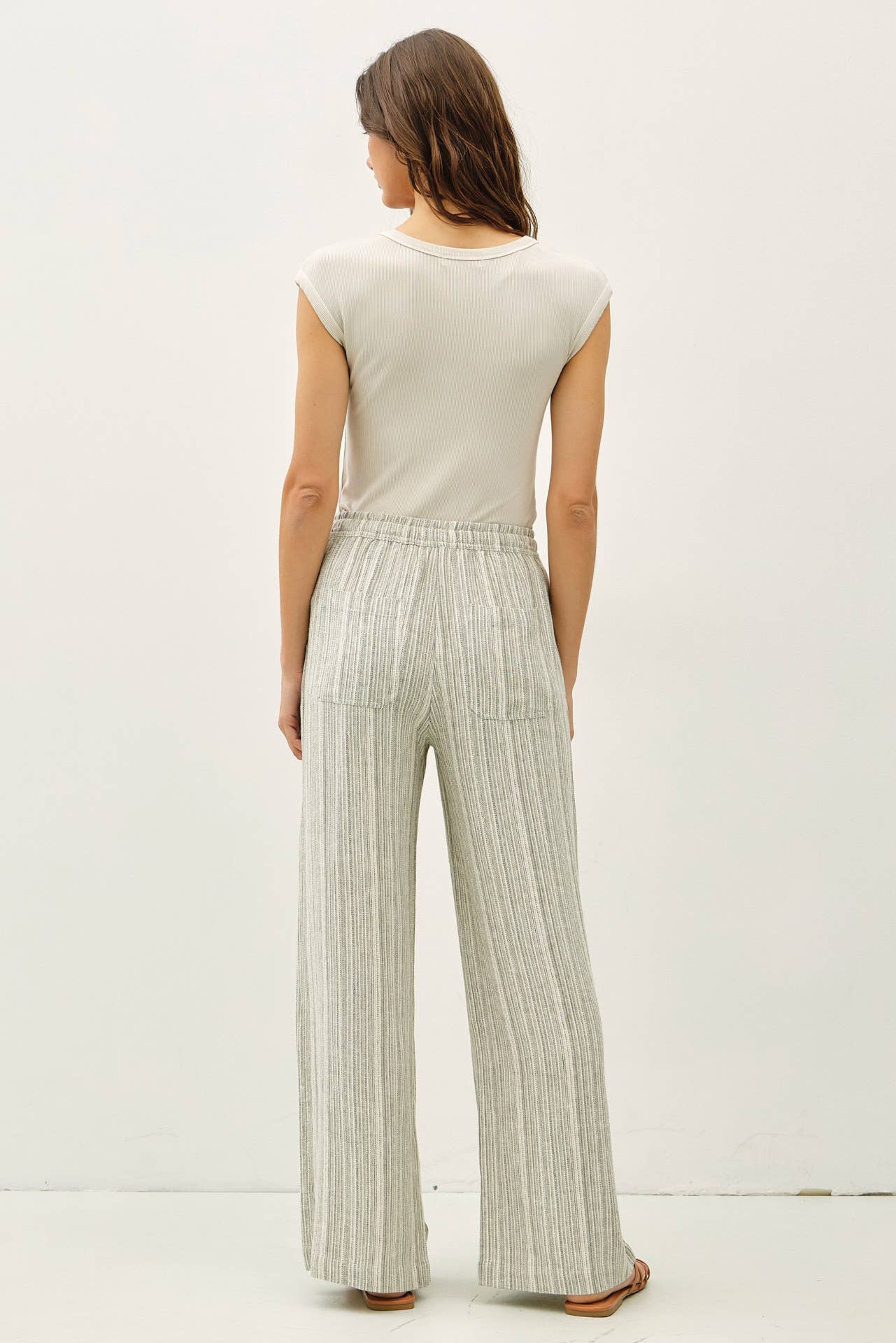 29" INSEAM STRIPED LINEN WIDE LEG PANTS - Whimsical Details - ["flouncy pants","green pants","linen pants","pants","stripe","striped","stripes","sweat pants"]