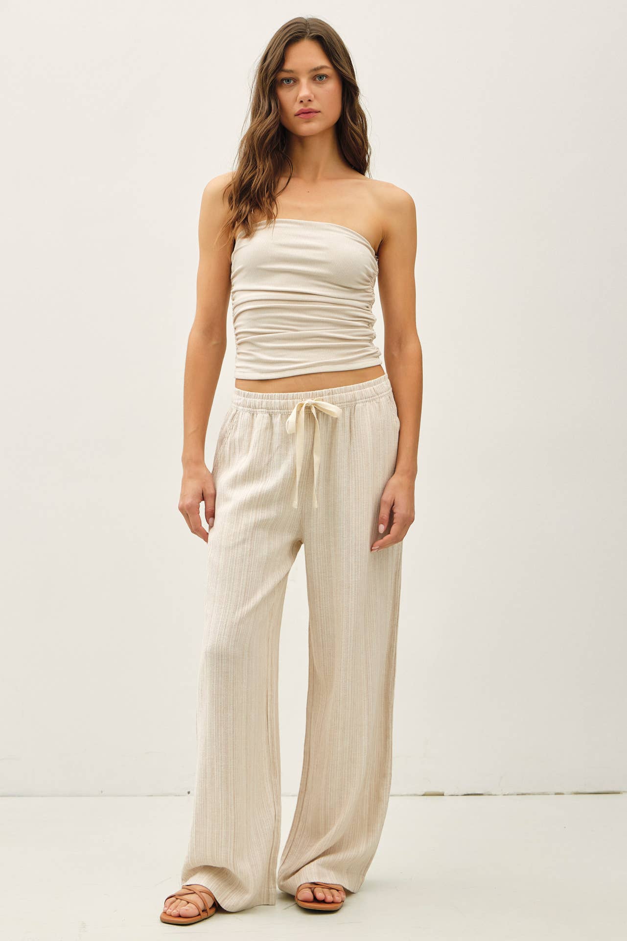 29" INSEAM STRIPED LINEN WIDE LEG PANTS - Whimsical Details - ["flouncy pants","green pants","linen pants","pants","stripe","striped","stripes","sweat pants"]