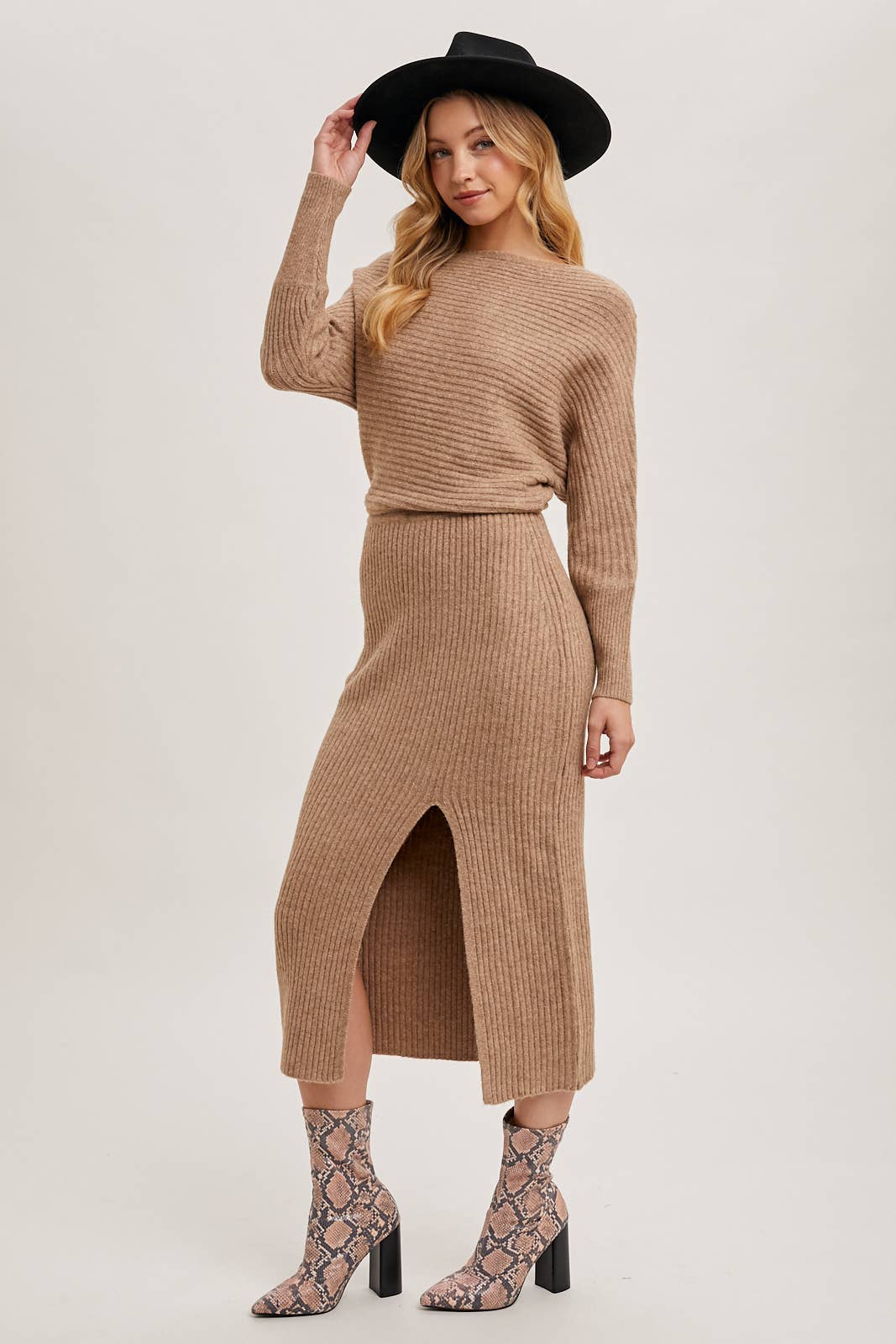 One Shoulder Off Side Slit Midi Knit Sweater Dress