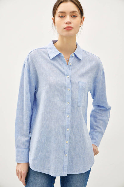 COTTON LINEN BLEND LONG SLEEVE BUTTON UP SHIRT - Whimsical Details - ["button down","button up","buttons","denim shirt","Long sleeve","shirt"]