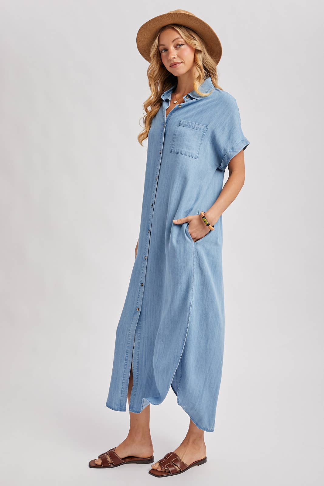 Denim Button Down Side Slit Shirt Maxi Dress