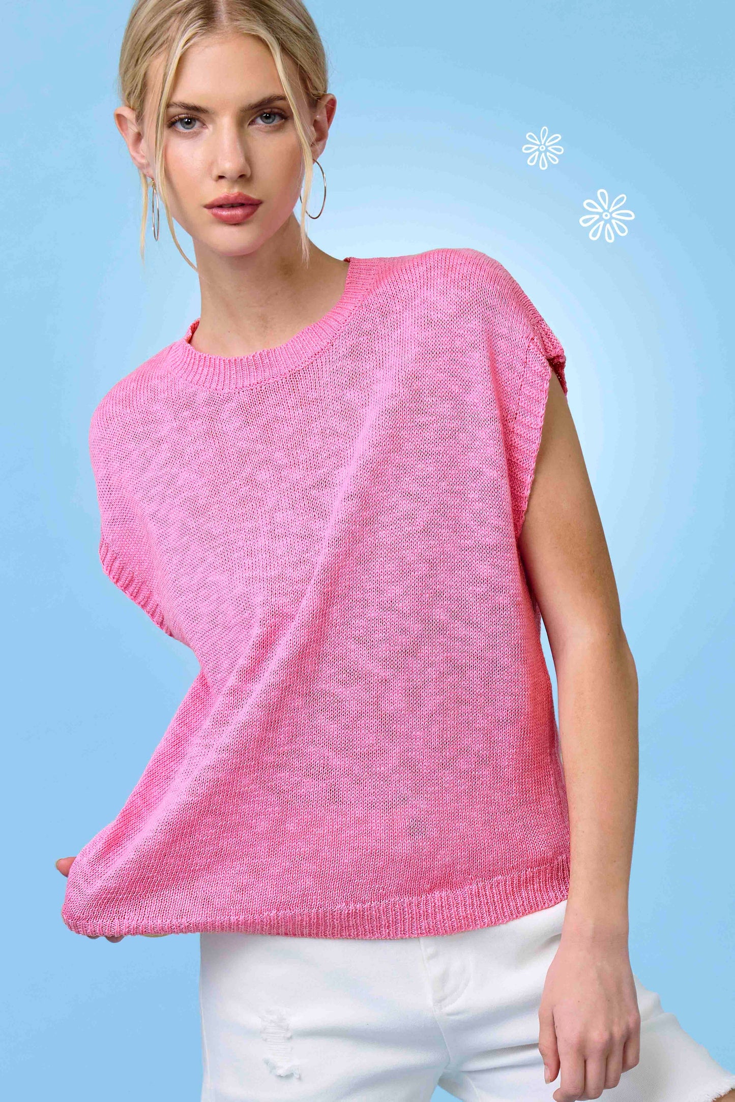 Loose Fit Sleeveless Ribbed Knit Crew Neck Top - Whimsical Details - ["Milk","sweater Tank","tank","tank top"]
