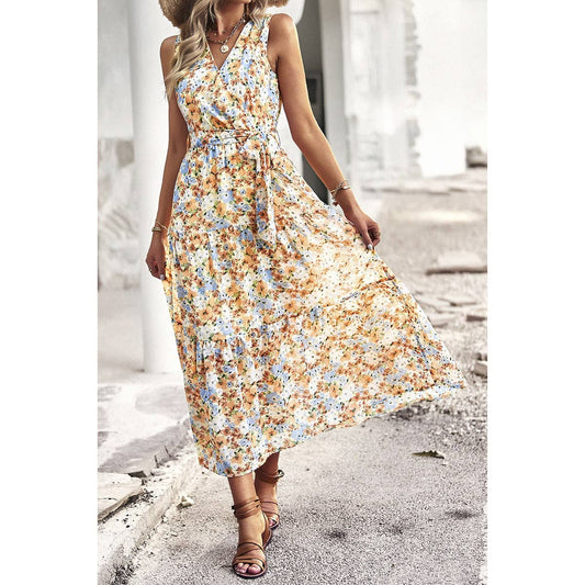 Floral Print Cross V Neck Belt Fit Sleeveless Dress - Whimsical Details