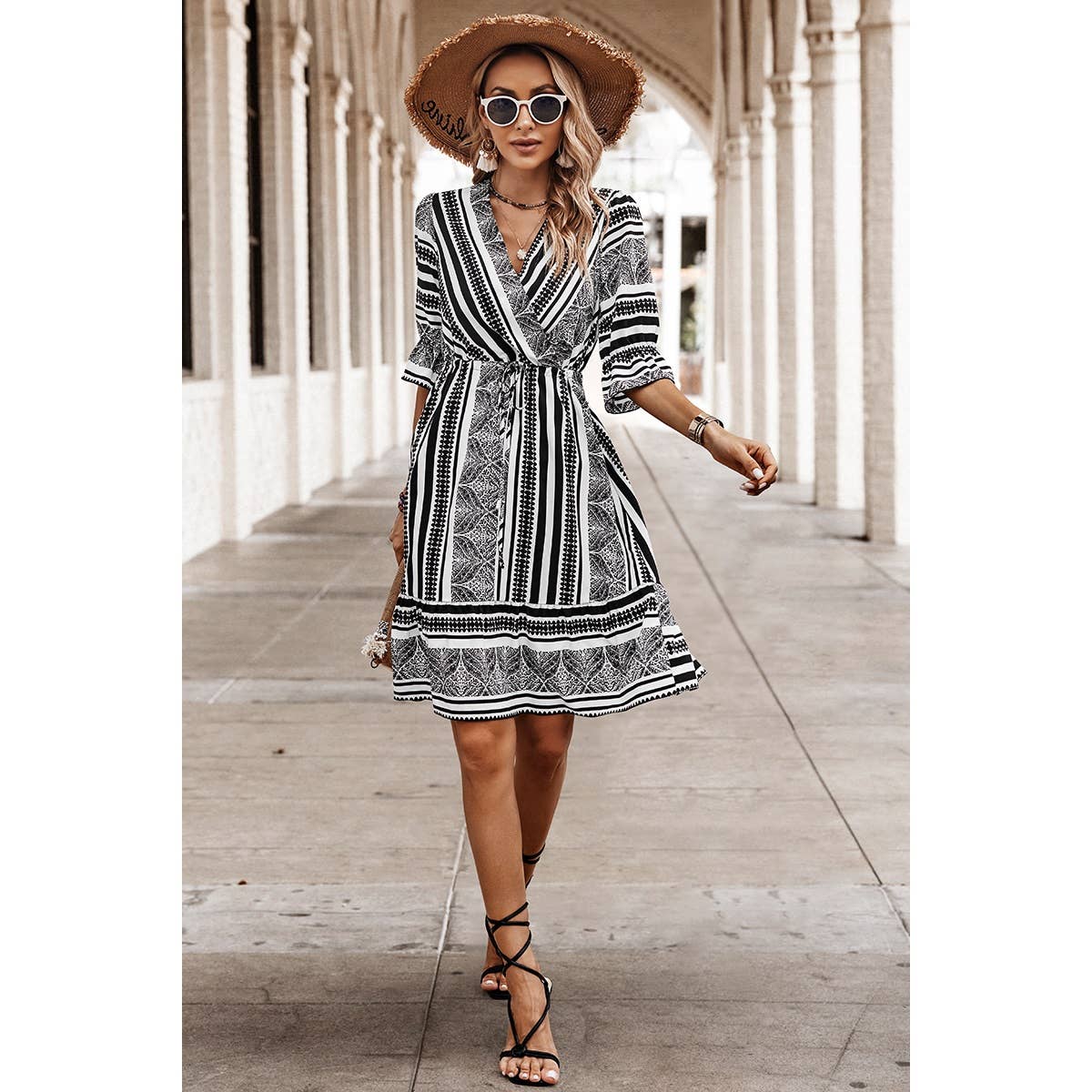 Surplice Neck Ruffle Hem Fit Dress