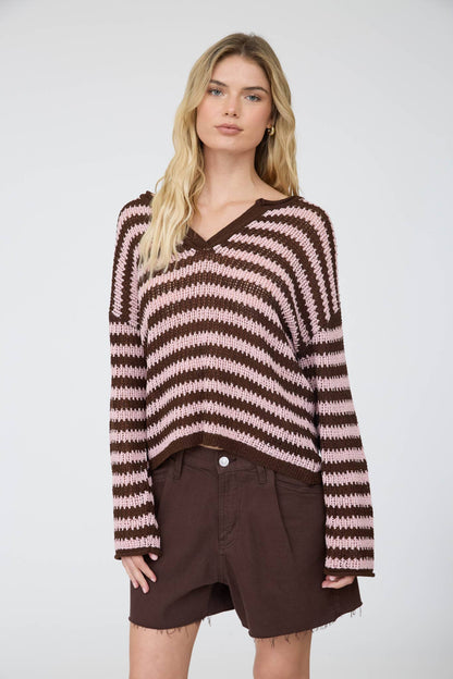 Stripe Raw Edge Split Neck Sheer Knit Sweater