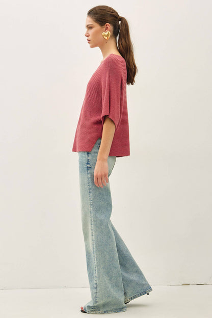 HORIZONTAL RIBBED DOLMAN SWEATER TOP