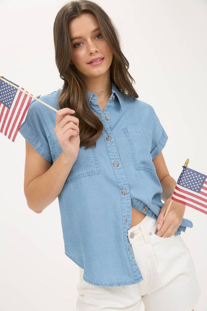 CHAMBRAY COLLARED TAB SLEEVE DETAIL SHIRT